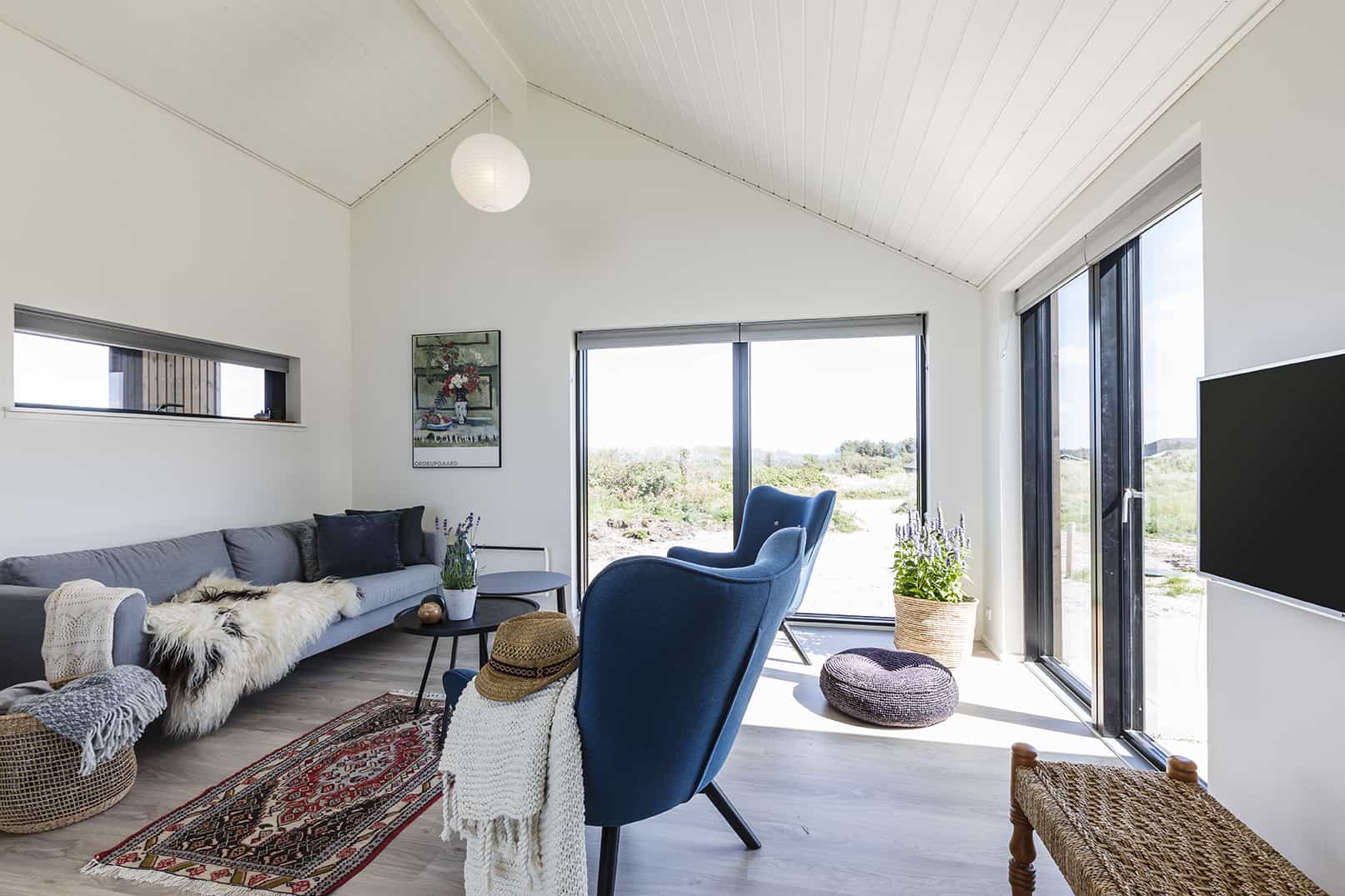 Stue med møbler og hvidt loft