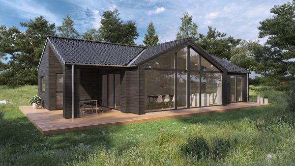 Skanlux sommerhus med stort vinduesparti og overdækket terrasse