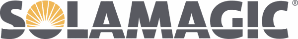 Solamagic logo med grå skrift på hvid baggrund