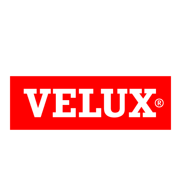 Rødt logo med hvid skrift og teksten velux