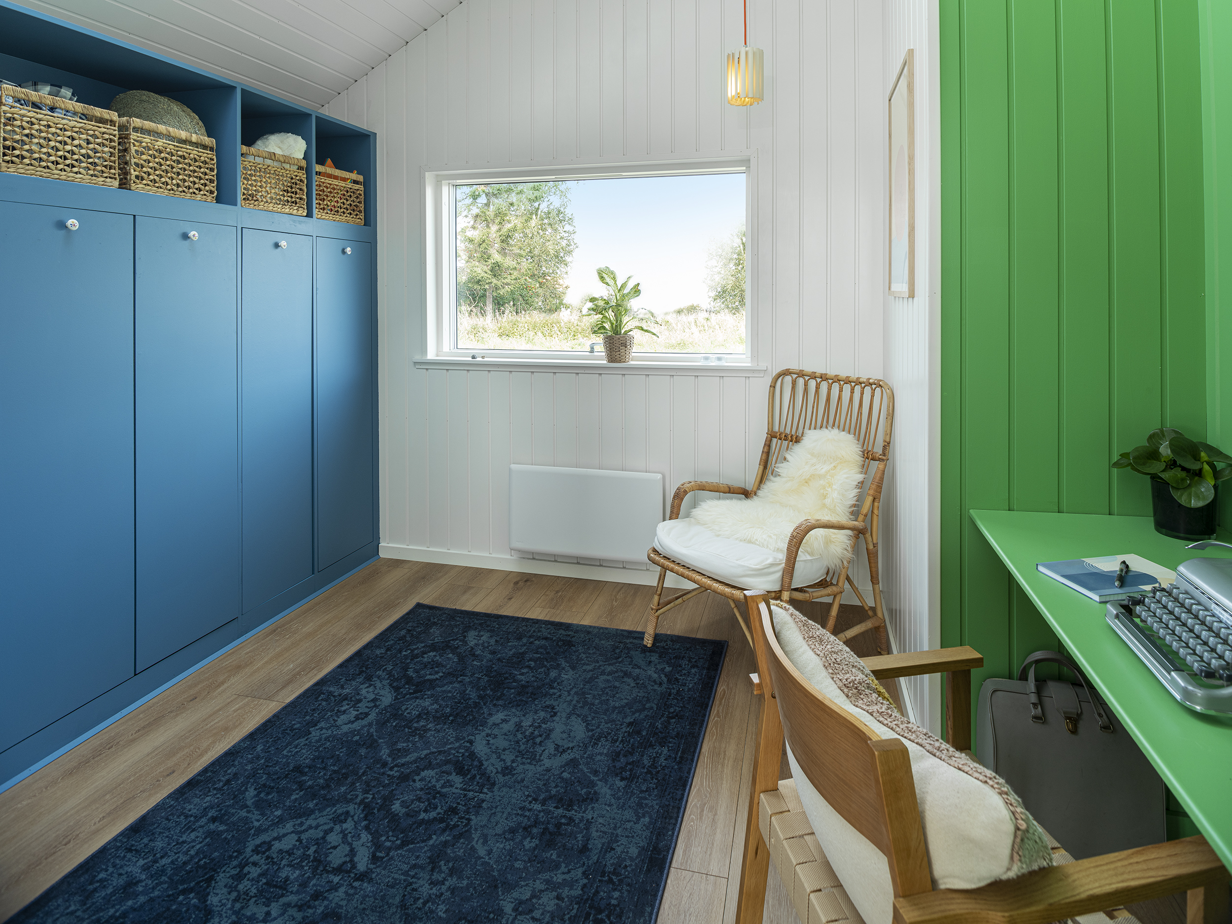 Værelse med grøn væg og blåt skab